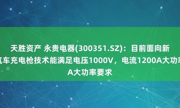 天胜资产 永贵电器(300351.SZ)：目前面向新能源汽车充电枪技术能满足电压1000V，电流1200A大功率要求